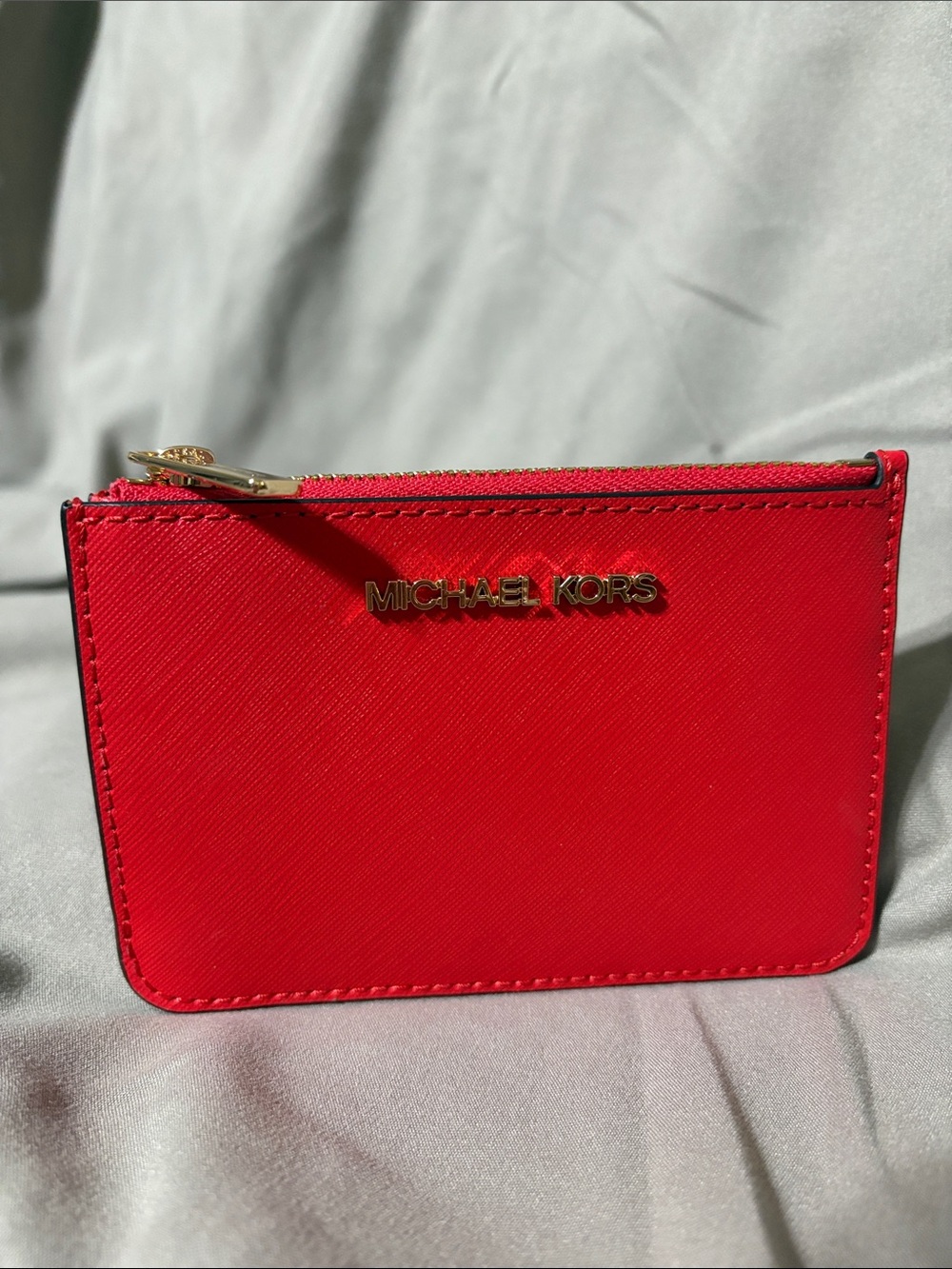 Michael Kors Red Saffiano Zip Card Case with Gold Hardware